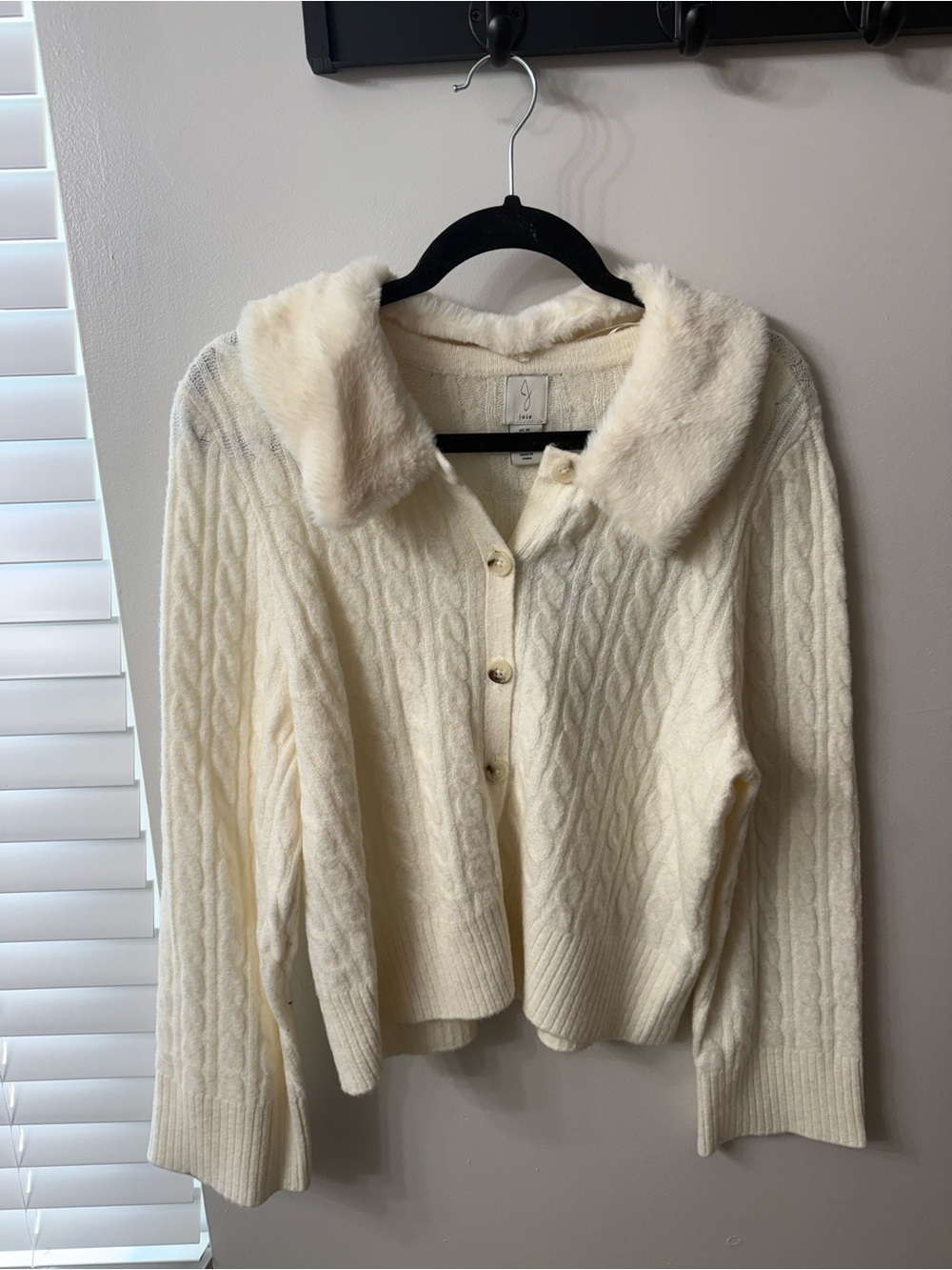 Joie Cream Cable Knit Cardigan with Faux Fur Collar